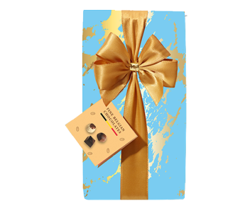 Schachtel mit Geschenkpapier und Schleife Blau/Gold (250g)